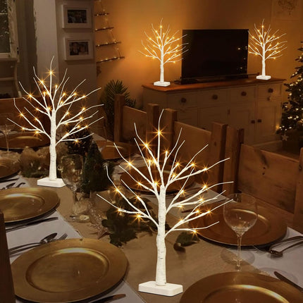 EAMBRITE Birch Tree with LED Lights for Christmas Decorations Indoor, Lighted Tabletop Tree 22 in 24 LED White Twig Battery Operated Mini Small Artificial Trees for Home Table Centerpiece Mantel 4pcs