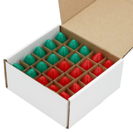 Creative Hobbies Box of 25 Light Bulbs Ceramic Opaque Red & Green Steady Burning, 7 Watt, C7 Candelabra Base Night Lights, Decorative Lights, Christmas Strings