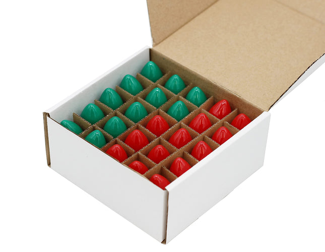Creative Hobbies Box of 25 Light Bulbs Ceramic Opaque Red & Green Steady Burning, 7 Watt, C7 Candelabra Base Night Lights, Decorative Lights, Christmas Strings