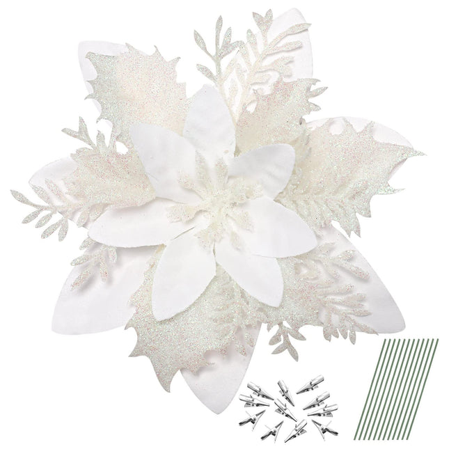 Kisangel 12pcs Christmas Artificial Flowers Glitter Poinsettia Flowers Christmas Flowers with Clips and Stems for Xmas Wreath Home Ornaments, White