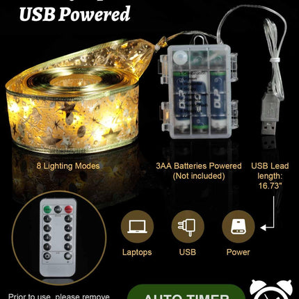 32ft Christmas Tree Ribbon with 100 LED Lights, Gold Wired Ribbon for Christmas Tree with Battery & USB Powered, 8 Lighting Modes, Xmas Tree Decorations, Christmas Ribbon Lights