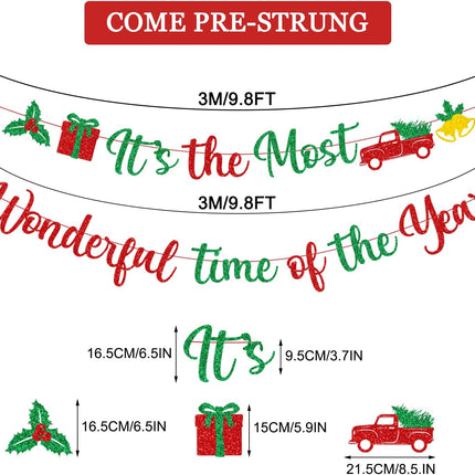 Red Green Glitter It's The Most Wonderful Time of The Year Banner with Holly Berry Xmas Tree Bells Christmas Holiday Party Banner Merry Christmas Holly Jolly Winter Party Mantle Decorations