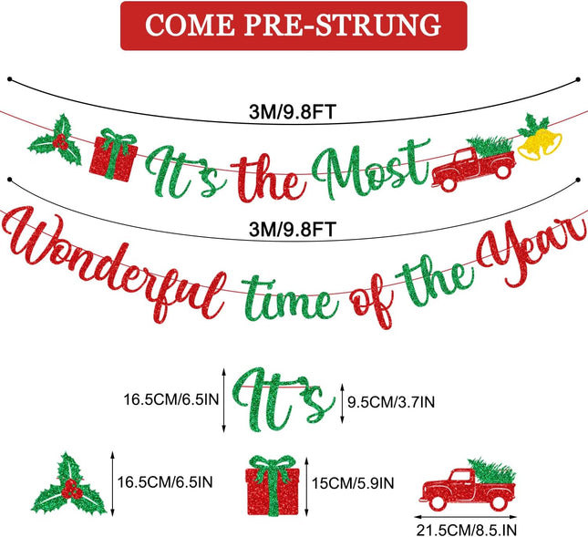 Red Green Glitter It's The Most Wonderful Time of The Year Banner with Holly Berry Xmas Tree Bells Christmas Holiday Party Banner Merry Christmas Holly Jolly Winter Party Mantle Decorations