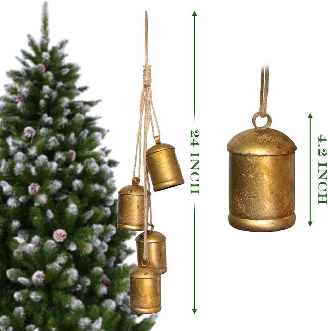 Set of 4 Christmas Bells for Decoration, Harmony Cow Bells Vintage Handmade Rustic Lucky Hanging Bells, Metal Vintage Bells with Jute Hanging Rope