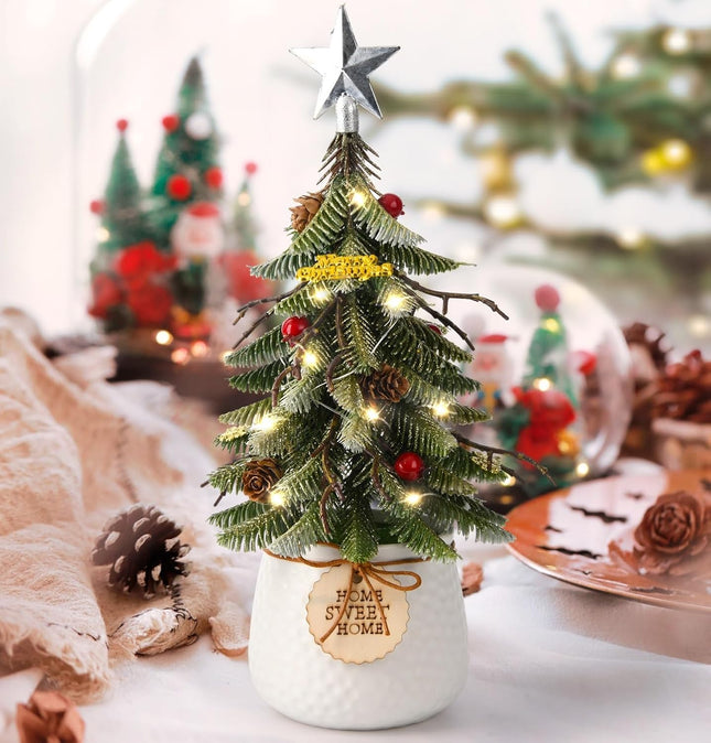 Small Christmas Tree Tabletop Christmas Tree Christmas Indoor Decorations with Holiday Ornaments Red Berry Pine Cone Greenery for Home Office Xmas Decor (White)