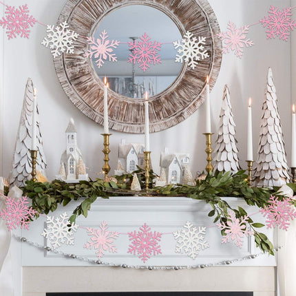 2 Pack Snowflake Banner Garland Ornaments Decorations Pink & White for Christmas Party Girls Winter Wonderland Birthday Baby Shower, Holiday Home Table Decor