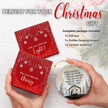 Nativity Christmas Ornaments - Believe Like Mary Trust Like Joseph Jesus Christmas Decorations - Round Ceramic Ornament for Christian s, Religious Christmas Ornaments, Nativity Decor