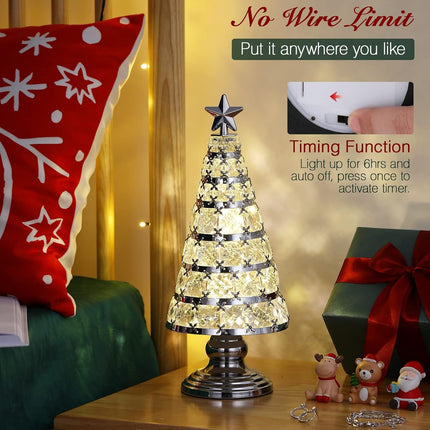 Lewondr Christmas Tree Lamp, 14 Inch Battery Powered Crystal Treetop Lighted Christmas Tree Decorative Light LED Lamp, Handmade Glass Tabletop Christmas Tree Ornament for Home Party , Silver