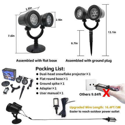 Christmas Snowflake Projector Lights Outdoor, IP65 Waterproof Plug-in LED Projector Light with Moving Snowflake & Dual-Head Design, Outside Bright Xmas Holiday Decorations for House