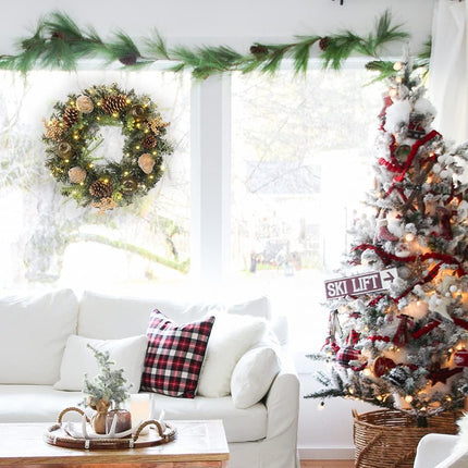 Christmas Wreath 20" Christmas Front Door Wreath Ornament with LED Lights Pinecone Berries Artificial Pine Garland for Party Table Fireplaces Porch Walls Years Halloween Home Decor