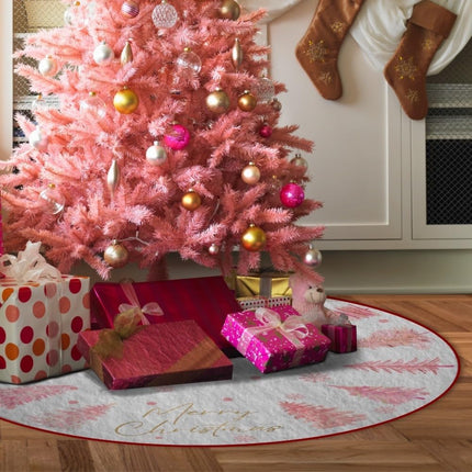 Christmas Tree Skirt 48 Inch White Tree Skirts Ornaments with Pink Trees Snowflakes Pattern for Merry Christmas Xmas Holiday Party Decor