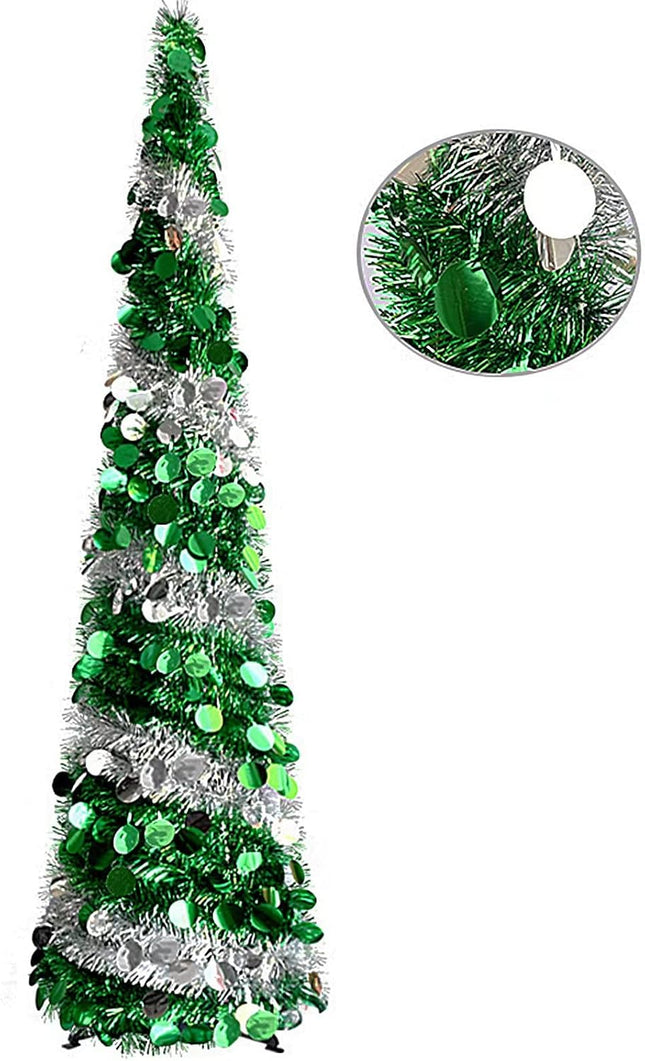Pop Up Christmas Tree, 5 FT Artificial Christmas Trees Collapsible Snowflake Sequin Pencil Christmas Tree with Stand Pop Up Artificial Tree for Holiday Christmas Home Office