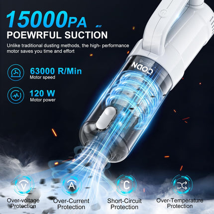 Codn Handheld Car Vacuum Cleaner, 2 In 1 Cordless Vacuum Cleaner & Air Duster, 15000Pa High Power Suction Portable Rechargeable Vacuum With Multinozzles For Car, Home, Office, Pet