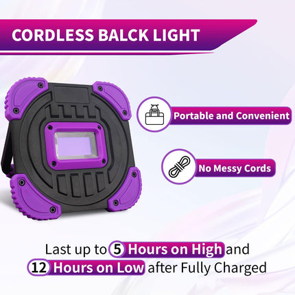 Rechargeable Black Light, Cordless 395nm Battery Powered Blacklights for Glow Party, IP65 Waterproof, Body Painting, Fishing, Halloween, Neon Glow Party, Christmas, s, 2 Pack