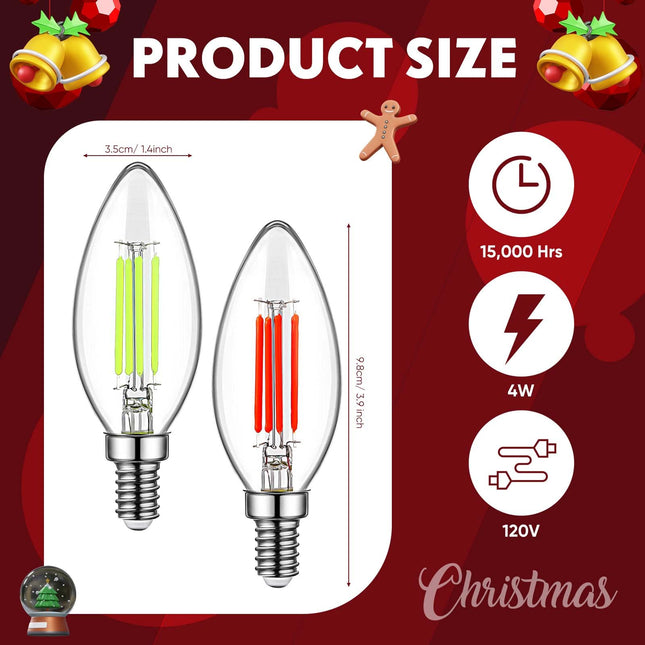 12 Pack Filament E12 Candelabra LED Christmas Light Bulbs 4W 40 Watt Equivalent E12 Candelabra Base Chandelier Bulbs Vintage Halloween Light Bulbs for Party Decoration, Porch, Christmas (Red, Green)