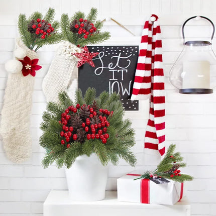 4pcs Artificial Christmas Picks Pine Branches Picks Spray with Red Berry Stem Pine Cones for Crafts Christmas Floral Arrangement Christmas Tree Ornaments Winter Holiday Season Decor
