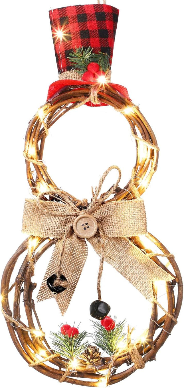 Christmas Lighted Wreath Decoration Snowman Wreath Christmas Large Grapevine Wreath with Hat and Bow Xmas Wall Hanging Ornament for Front Door Home Garden Wall Decor Battery Operated (16 x 8 inch)