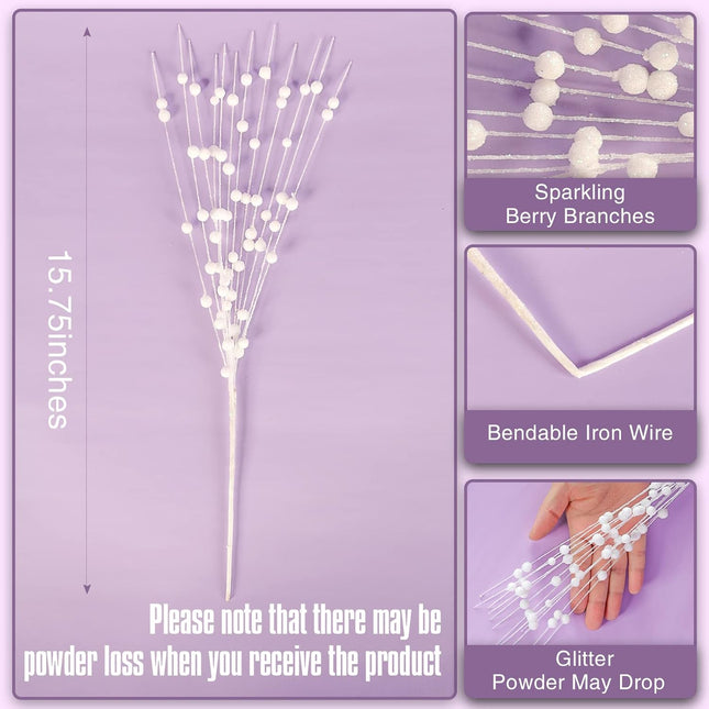 Joyhalo 24 Pack Christmas Tree Picks and Sprays, Christmas Tree Filler Decorations, Christmas Glitter Berry Stem Ornaments, Glittery Twigs, Picks, Branches for Christmas Tree, White