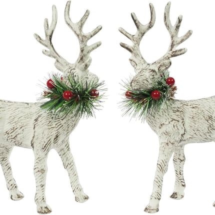 iPEGTOP 4Pcs Christmas Reindeers Deer Figurine Decor, 8.5" White Rustic Winter Deer with Pine Branch Wreath Red Berries Collar, Christmas Elk Tabletop Standing Statues Decorations