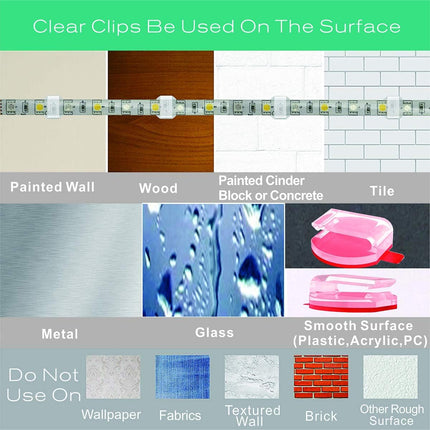 Clear Strip Light Mounting Clips Self-Adhesive Hooks,Fixing Clamps LED Strip Light 8mm,10mm,12mm.100 Pack Strip Light Brackets Holder,USB Cable Wires Organizer.