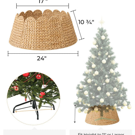 StorageWorks 24" Scalloped Christmas Tree Collar, Wicker Christmas Tree Base Skirt with Water Hyacinth, Rustic Tree Ring Stand Cover for Christmas Home Party Farmhouse Artificial Trees Décor