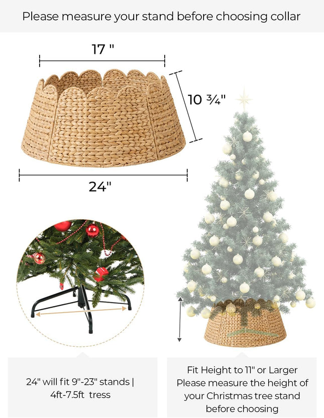 StorageWorks 24" Scalloped Christmas Tree Collar, Wicker Christmas Tree Base Skirt with Water Hyacinth, Rustic Tree Ring Stand Cover for Christmas Home Party Farmhouse Artificial Trees Décor