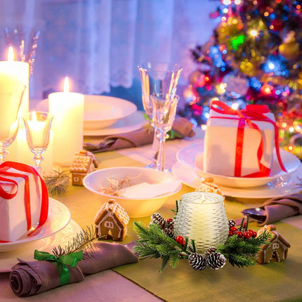 Christmas Candle Holder with Wreath Candle Rings, Christmas Centerpieces with Artificial Snowy Pine Cones and Berries for Home Dining Table Decoration