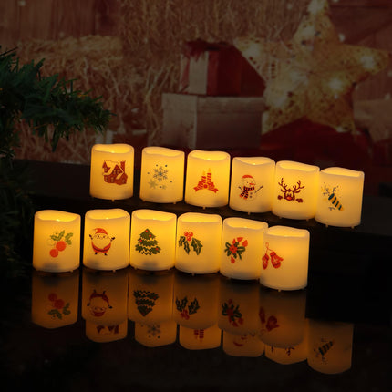 Magiq 12 Pack Flameless Votive with Santa Snowman Reindeer Battery Operated LED Candles Flickering Electric Fake Tealights Set Warm White for Christmas Home Party Decor