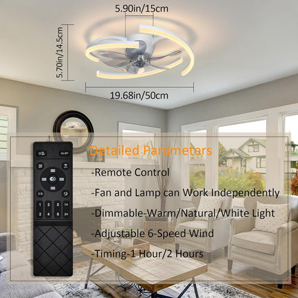 20 Ceiling Fans With Lights App Remote Control, Low Profile Modern Flush Mount Ceiling Fan, Stepless Dimmable 3 Colors And 6