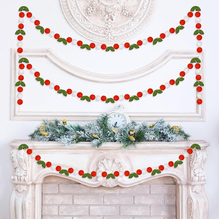 Rtteri 3 Pcs Christmas Felt Ball Garland Holly Leaves and Berry 24.6 Feet Christmas Pom Pom Garland Christmas Felt Ball Banner for Christmas Tree Winter Holiday Decorations Indoor Home Room Decor