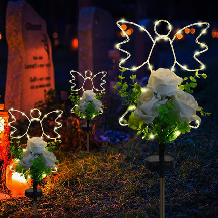 Lmtcos Solar Angel Lights for Cemetery Grave Decorations, Waterproof Angel with Rose Memorial Cemetery Lights, Solar Angel Grave Lights for Mother Day Father Day Memorial Day Christmas Grave Decor