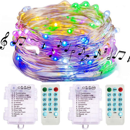 2 Pack Sound Activated Music String Lights,32.8ft 100LEDs 12 Modes Waterproof Copper Wire Multicolor AA Battery Powered String Lights with Remote Control for Bars,Parties,Christmas,Wedding Dance.