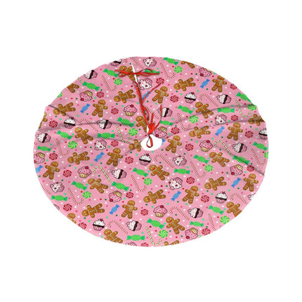 Cute Gingerbread Candy Christmas Tree Skirt 36 Inches Pink Santa Tree Skirts Farmhouse Xmas Tree Mat Ornaments Decorations