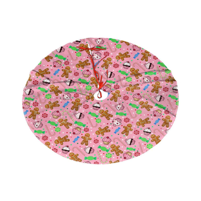 Cute Gingerbread Candy Christmas Tree Skirt 36 Inches Pink Santa Tree Skirts Farmhouse Xmas Tree Mat Ornaments Decorations