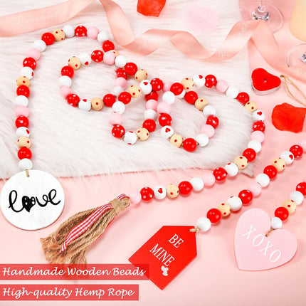 3 Pieces Valentine's Day Wood Bead Garland with Tassel Valentine Tiered Tray Decor 59 inch Rustic Farmhouse Wooden Bead with Jute Rope Wood Beads for Party Valentine's Day Present Home Decors