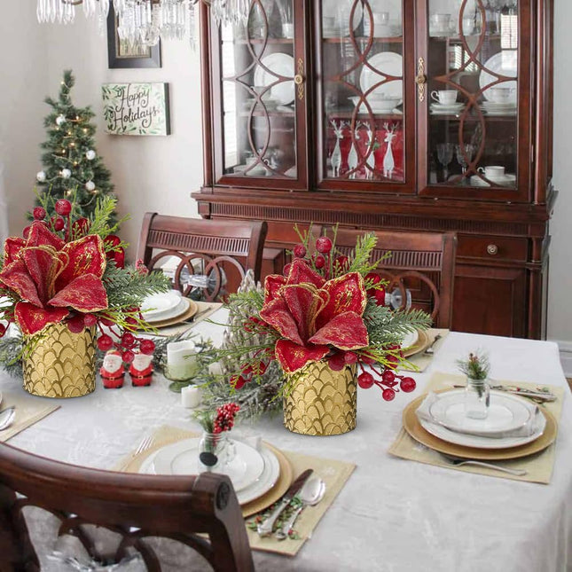 Briful 9.8 Inch Christmas Tree Small Artificial Potted Christmas Arrangment in Gold Pot with Red Berries,Holly,Red Magnolia Xmas Flowers for Centrepieces Table Farmhouse Countertop Décor