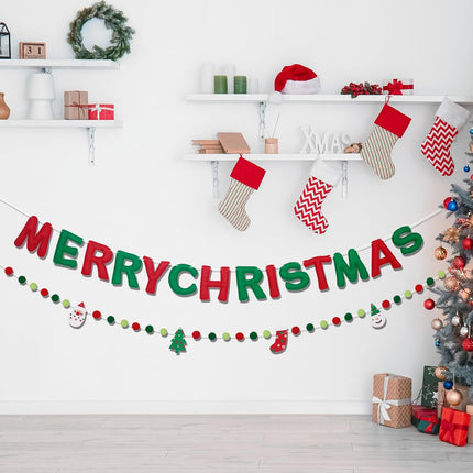 Pre-Strung Merry Christmas Banner, Christmas Felt Fabric Banner(with Lights), Red and Green Felt Ball Garland Reusable Christmas Decorations Indoor Outdoor, Fun Xmas Party Supplies