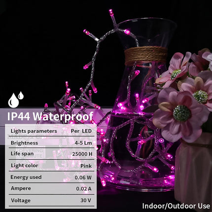 LED Pink Christmas Lights - Mini Pink String Lights Plug in, 8 Modes Outdoor Christmas Pink Lights for Tree Valentine's Day Party Decorations, 100 LED 8 Feet, Clear Wire, Memory Function