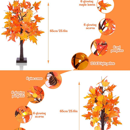 Fall Maple Tree with Lights, 2 Pack 25'' Artificial Fall Decorations for Home, Halloween Indoor Thanksgiving Table Decor USB & Battery Operated Autumn Tree with Acorns, Pine Cones, Pumpkin