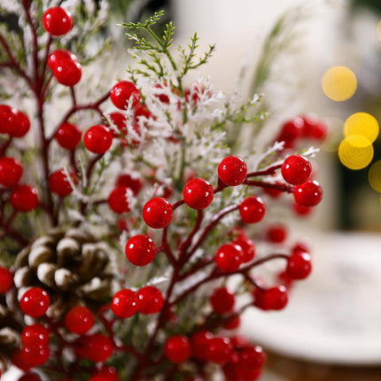 Topotdor Christmas Red Berries Stems Floral Picks, 16 Inch Artificial Pine Branches with Red Berries and Pine Cones for DIY Christmas Garland Wreath Crafts, 6PCS