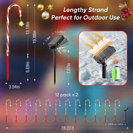 Christmas Decorations Solar Lights Outdoor: 24 Pack 144 LED Solar Christmas Lights Outdoor Waterproof, 8 Modes Solar Powered Candy Cane Lights for Pathway Yard Garden Porch Patio Holiday Xmas Decor