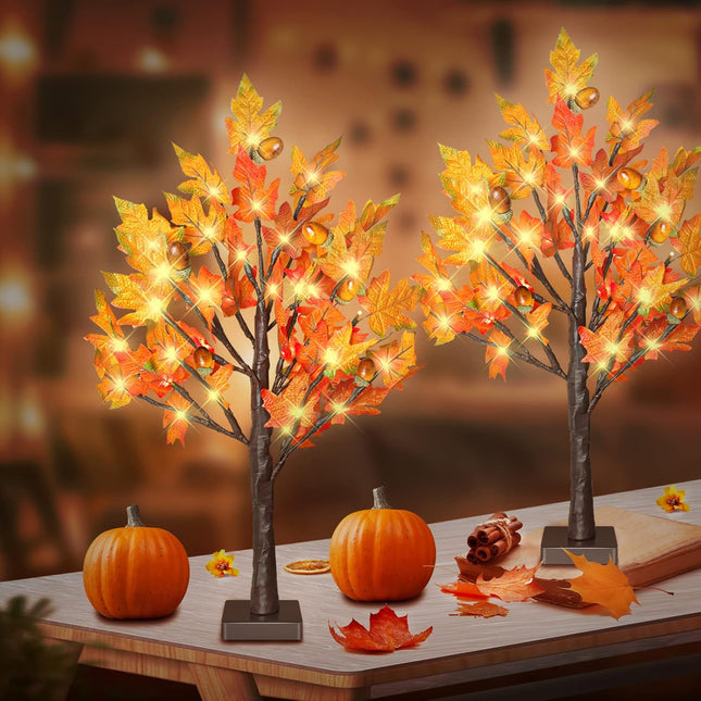 2 Pack 24 Inch Fall Lighted Maple Tree with 36 LEDs, 6 Acorns, Timer Battery Operated, 2Ft Thanksgiving Decorations Table Lights Tree for Autumn Wedding Party Indoor Outdoor Harvest Home