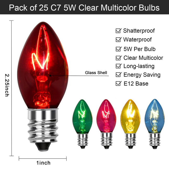 SUNSGNE C7 Multicolor Christmas Replacement Bulbs, Clear Multicolor Incandescent Light Bulbs for C7 Outdoor Patio Christmas String Lights, E12 Candelabra Base, 5 Watt, 25 Pack