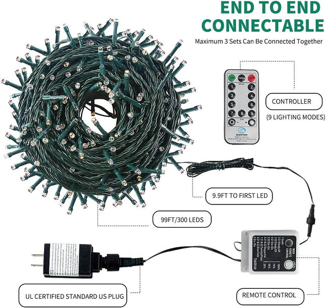 Color Changing Christmas String Lights Outdoor Indoor, 108FT 300 LED Warm White Multicolor Fairy Lights, END to END Connect, Waterproof Christmas Tree Lights Timer Remote