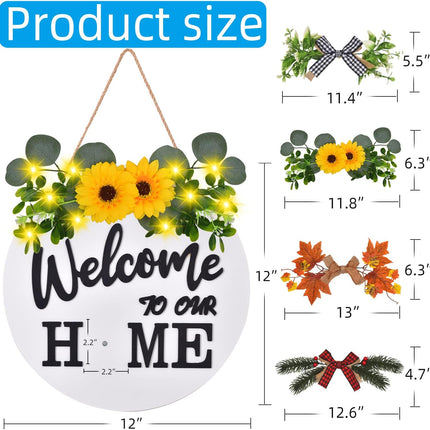 Interchangeable Welcome Home Sign, Front Door Decor With 4 Seasonal Wreaths and 21 Changeable Icons, Rustic Wood Wall Porch Hanger for Holiday Halloween Christmas Housewarming (White)
