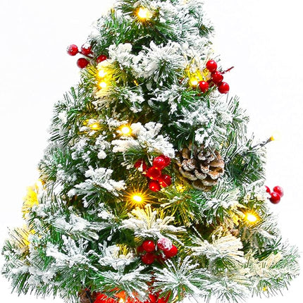 Sunnyglade 21.6 inch Snow Flocked Christmas Tree Artificial Mini Christmas Tree Pine Tree Indoor Tabletop Ornaments Decorations with 30 LED Lights,Red Cloth Base and Pine Cones,White