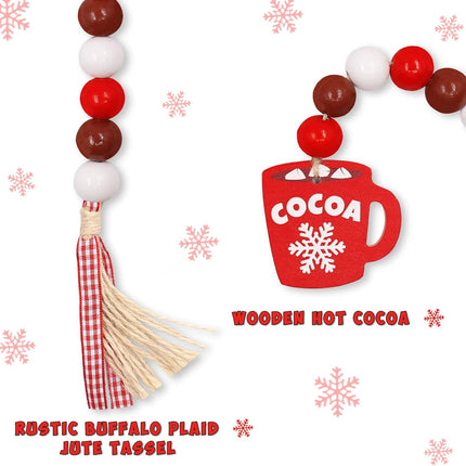 Hot Cocoa Wood Bead Garland Decorations Farmhouse Christmas Holiday Tiered Tray Decor Hot Chocolate Marshmallow Rustic Wooden Beads with Red Plaid Tassels Winter Year Ornaments