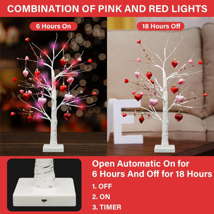 [Red Pink Lights & Timer] Valentines Day 24 Inch Birch Tree Decor with 10 DIY Heart Ornaments 24 Red Pink LED Lights Battery Operated Valentine's Day Decorations for Home Tabletop Party Wedding