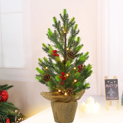 Juegoal 24Inch Pre-lit Christmas Pine Tree, with Warm White Fairy Lights Tabletop Artificial Tree, Small Light up Pine Tree with Burlap Base for Xmas, Spring Home Decorations