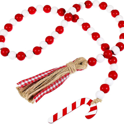 Chuangdi Christmas Wooden Bead Garland Wreath with Tassels 39 INES Decorated with Candy Canes Wood Bead Garland for Christmas Tree Tiered Tray Decor Home Farmhouse Wall Hanging Ornaments(Red White)
